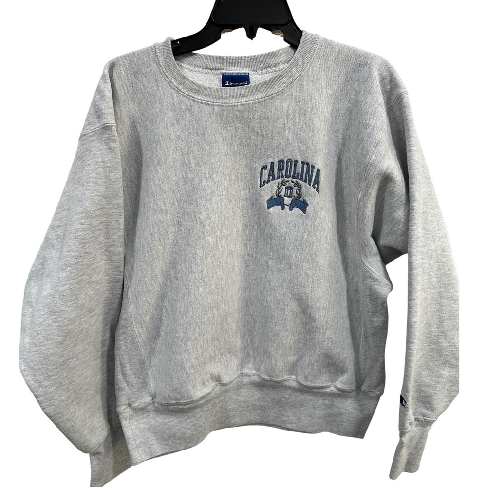 Champion Reverse Weave Carolina Sweatshirt Gray Embroidered Spellout Size M